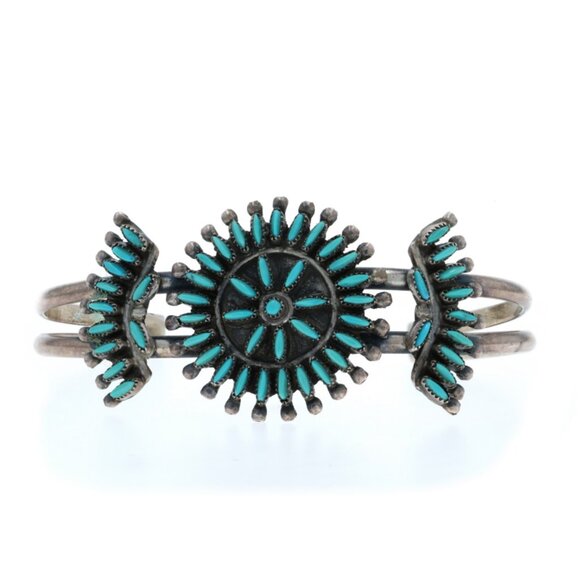 Native American Zuni Turquoise Needlepoint Cuff Bracelet 6 3/4" - Sterling 925 - Picture 1 of 5